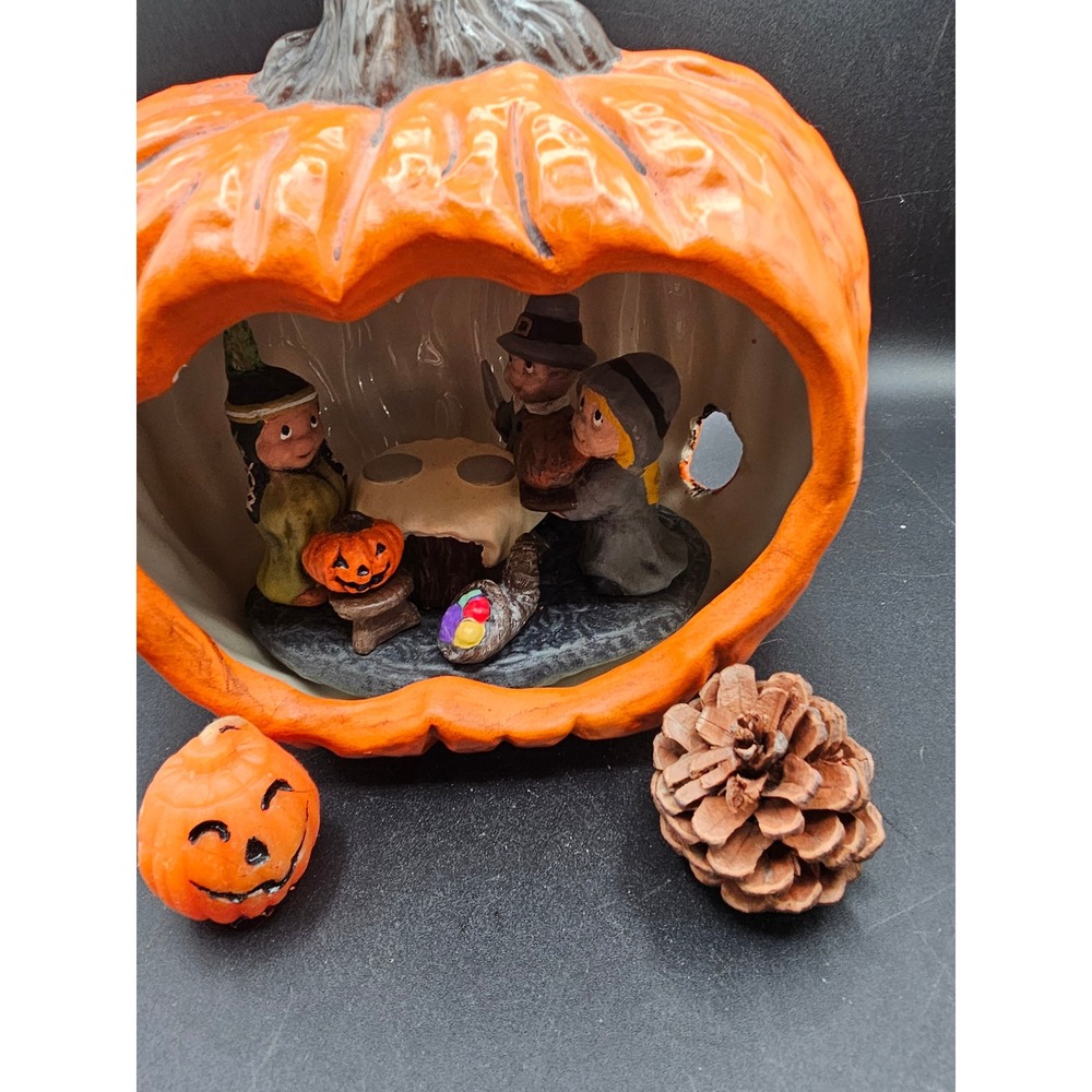 Vintage Ceramic Thanksgiving Diorama Pumpkin Pilgrim Native American Fall Decor